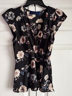 Blue Rain Black Floral Faux-Wrap Blouse